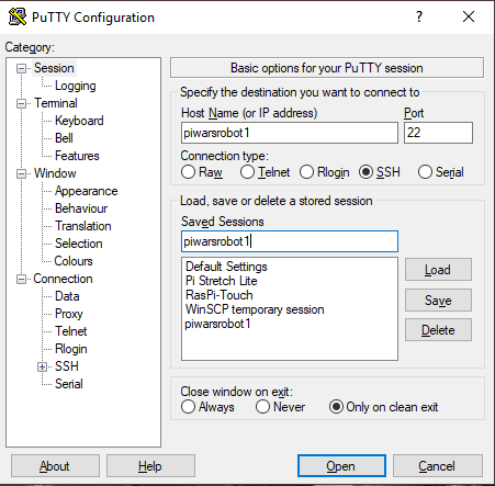 PuTTY Session Configuration Window