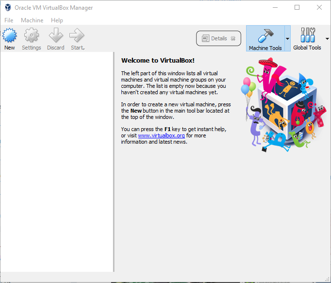 Oracle VM VirtualBox Manager Start Screen.