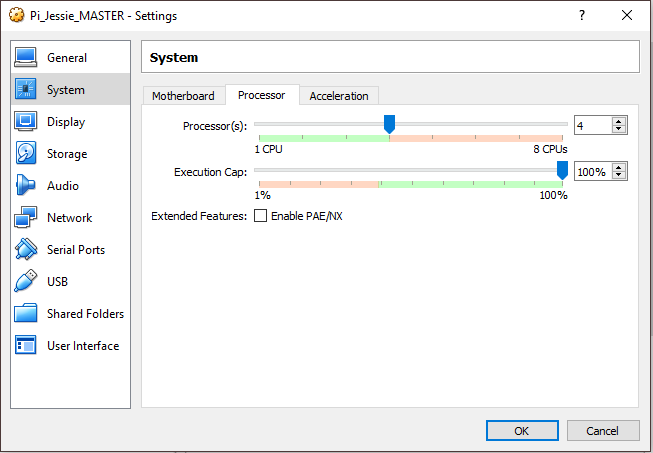 VirtualBox System Processor Settings